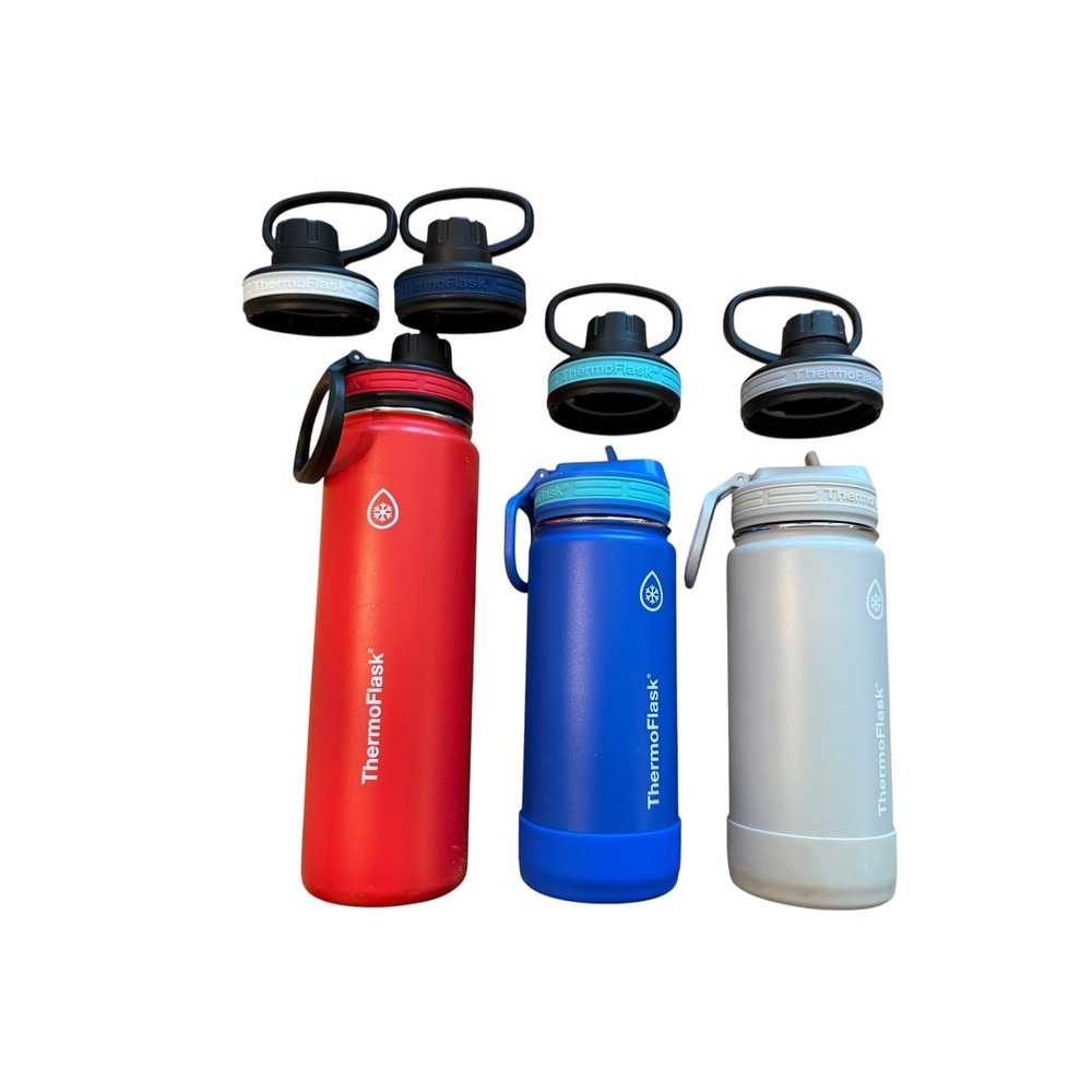 ThermoFlask Stainless Steel Insulated Water Bottle Set of 3 Red Blue Grey Lids